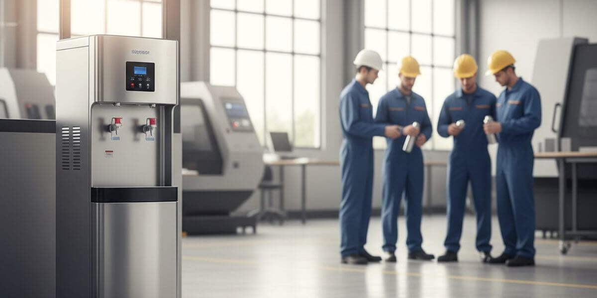 Επαγγελματικός ψύκτης νερού δικτύου Oasis σε εργοστάσιo με εργάτες